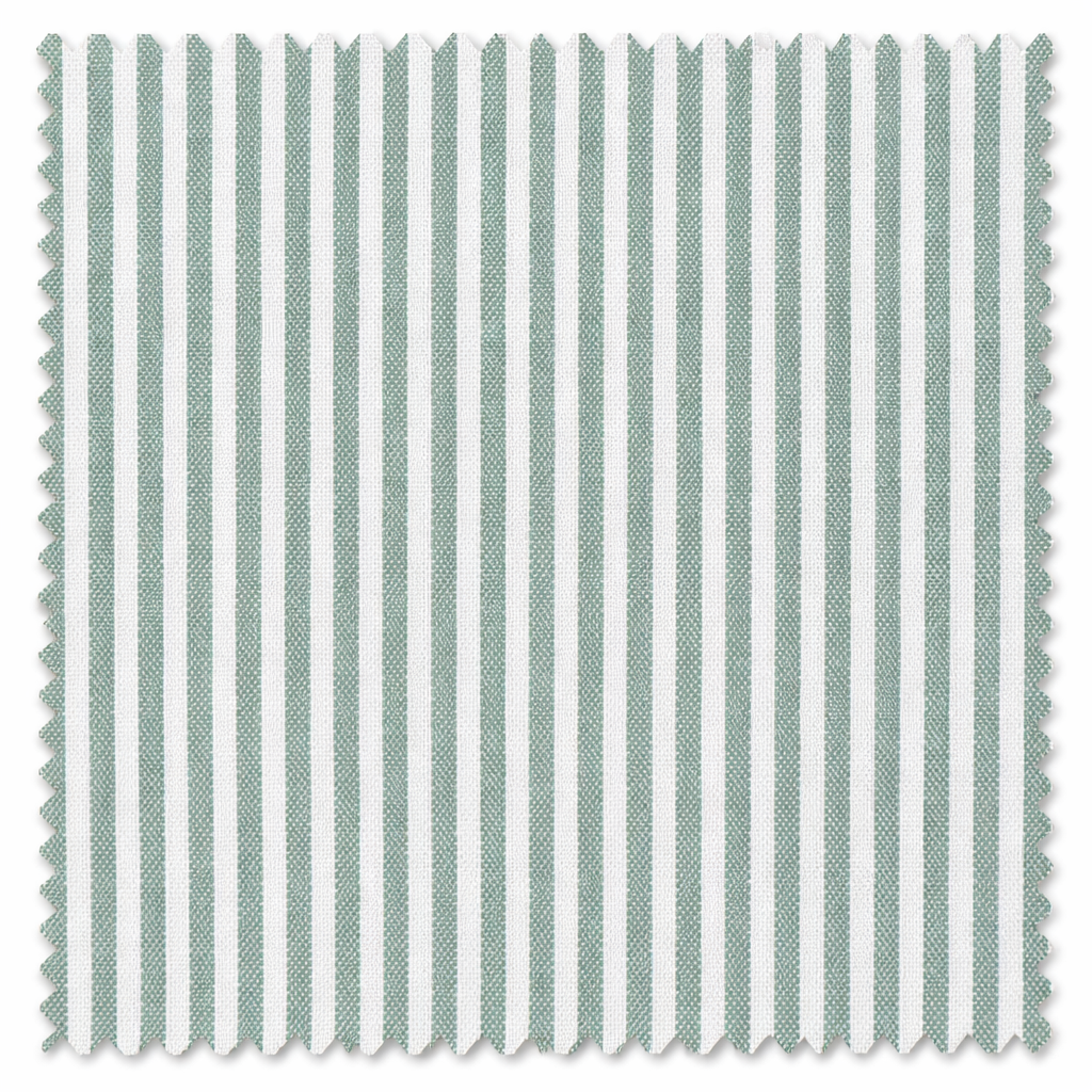Fabric swatch with green and white striped pattern on a white background