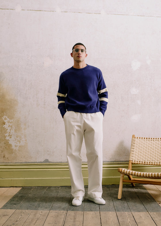 Collegiate Crew Neck - Marine Blue and Off-White