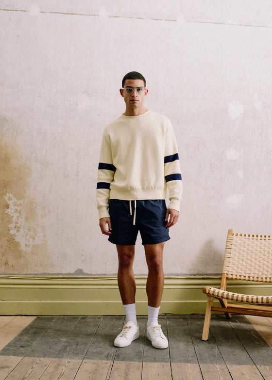 Collegiate Crew Neck - Off-White and Marine Blue